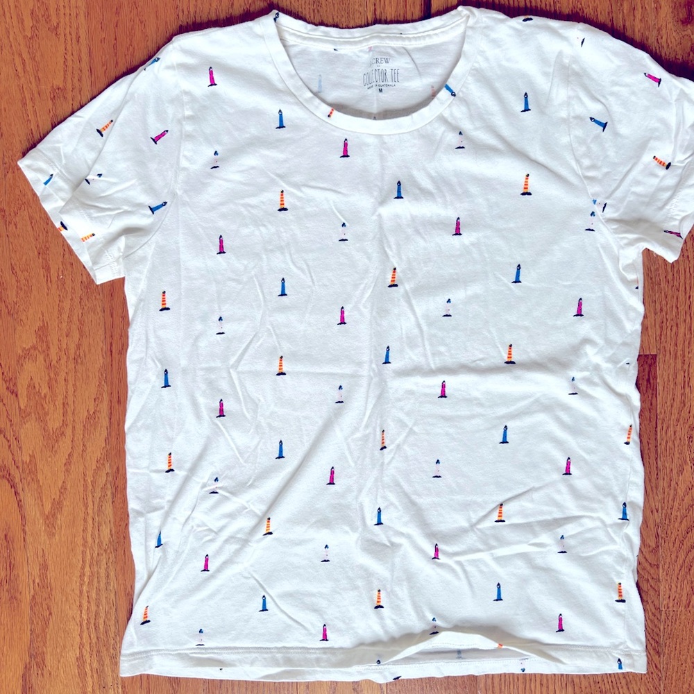 J. Crew White Graphic T Shirt - Multicolor Lighthouses
